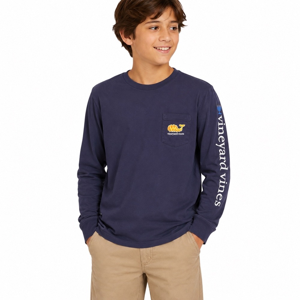 Vineyard Vines Pocket Tee Kids S 8-10 Navy Hanukkah Challah Whale Shirt